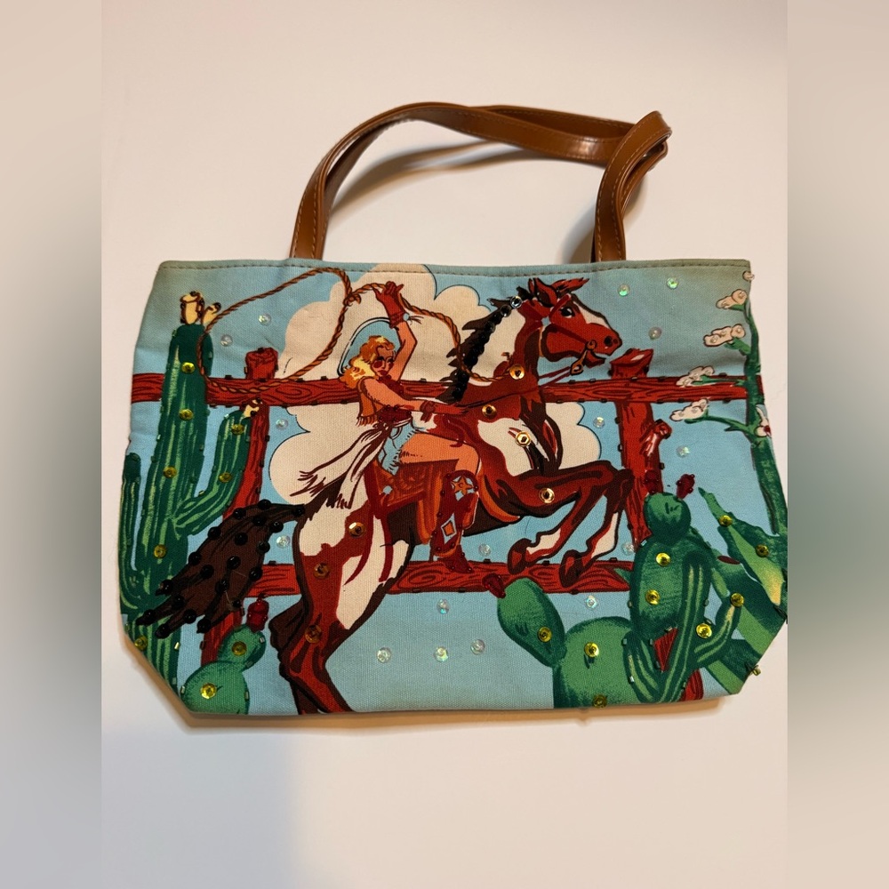 Y2K Cowgirl Print Shoulder Bag with Brown Handles